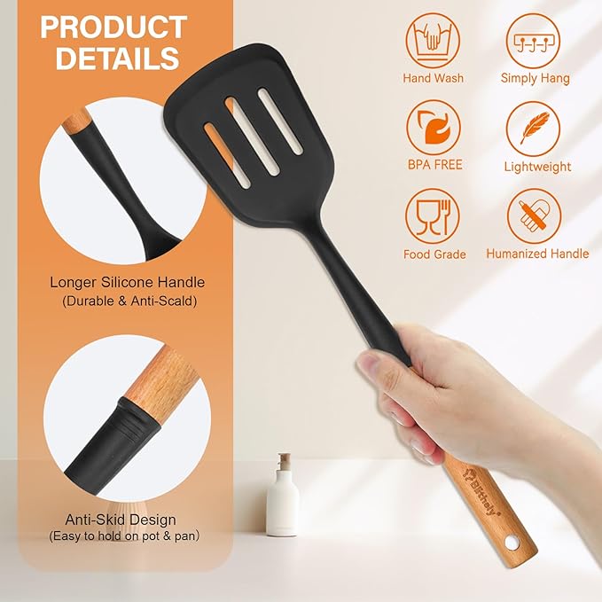 Large Silicone Kitchen Utensils Set with Holder, 25Pcs Cooking Utensil Set with Wooden Handle, Heat Resistant Spatula Sets for Cooking, BPA Free Silicone Utensils Set for Non-Stick Cookware(Black) - Image 4
