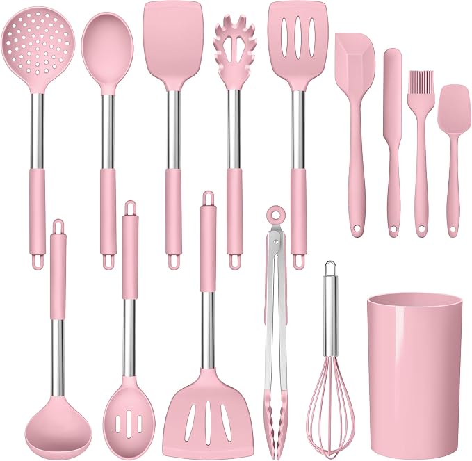 LIANYU 15 Piece Cooking Utensils Set with Stainless Steel Handle, Silicone Kitchen Gadgets with Holder, Heat Resistant Spatula Spoon Turner Tong Whisk Brush Tools for Cooking, Dishwasher Safe, Pink by LIANYU