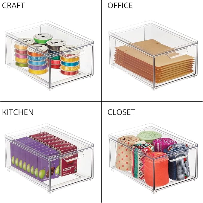 mDesign Plastic Bathroom Organizer Bin w/Pull Out Drawer - Slim Stackable Storage Container for Bathroom Accessories - Perfect for Organizing Bathroom Cabinet - Lumiere Collection - 8 Pack - Clear - Image 7