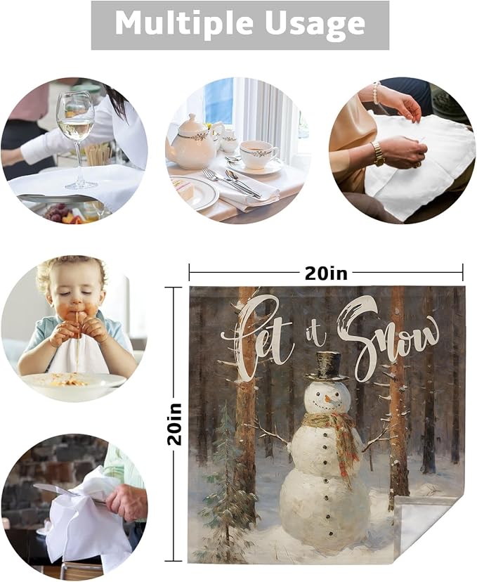 Christmas Cloth Napkins Set of 8, Xmas Tree Snowman Let Snow Oil Painting Dinner Napkins Cloth Washable, Cocktail Napkins Reusable for Wedding, Party, Birthday (20"x20") - Image 5