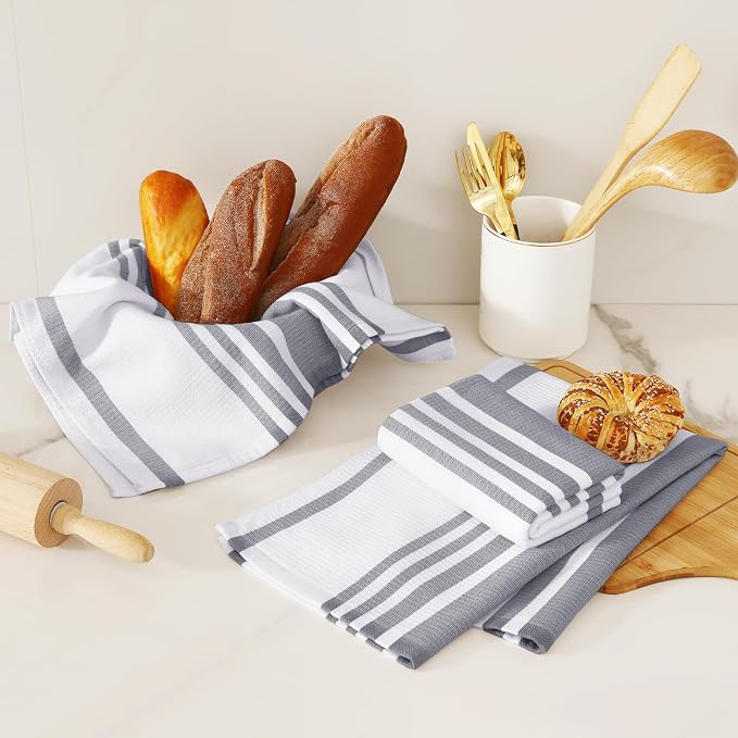 Homaxy Premium Cotton Stripe Kitchen Towels 3 Pack, 18"x 28", Grey | Large 380 GSM Kitchen Hand Towels, Soft Terry Dish Towels, Highly Absorbent Tea Towel Set with Hanging Loop - Image 6