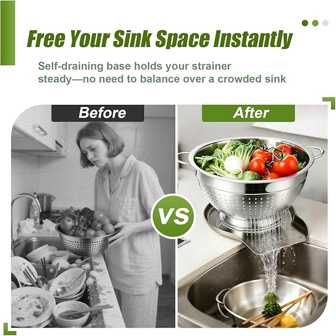 Palksky Stainless Steel Colander Set with Handles & Self-Draining Base, 3 Sizes (7”, 9”, 11”), Heavy Duty Pasta Strainer, Rice & Vegetable Strainer, Countertop Draining System - Image 3