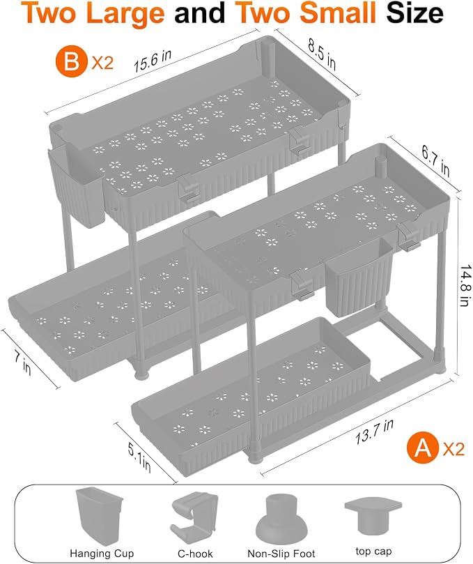 4-Pack 2-Tier Under Sink Organizer with Pull Out Drawers | Multi-use kitchen & bathroom storage. Includes hanging hooks and cups. Gray, space-saving cabinet design. 14.8 Inch - Image 2