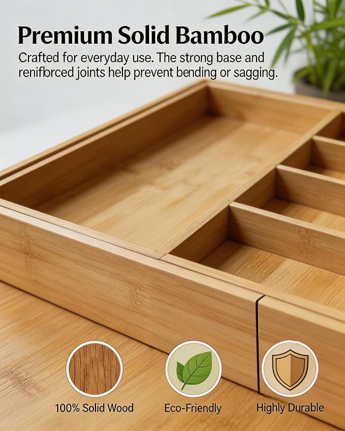 Expandable Bamboo Silverware Drawer Organizer – Adjustable 29" Wide Wooden Utensil Tray with 9-Compartments, Large Kitchen Flatware & Spoon Holder, Natural Solid Wood for Drawers - Image 4