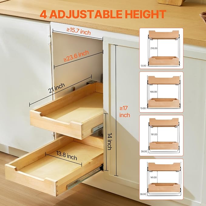 VEVOR 2 Tier Pull Out Cabinet Organizer, 14" W x 21" D Cabinet Drawer, Soft Close Slide out Shelf, Heavy-Duty Sliding Wood Drawer, Adjustable Base Cabinet Organization for Kitchen Pantry Bathroom - Image 5