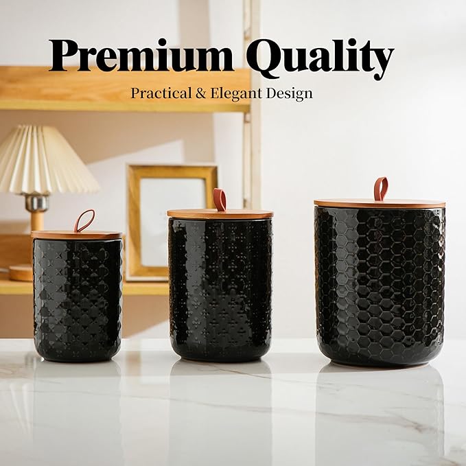 JOJUNO Black Ceramic Canister Set with Wooden Lids – 3-Piece Airtight Food Storage Jars for Kitchen, Embossed Design, Small/Medium/Large Sizes (30/48/82 oz) – Flour, Sugar, Coffee, Tea Containers - Image 5