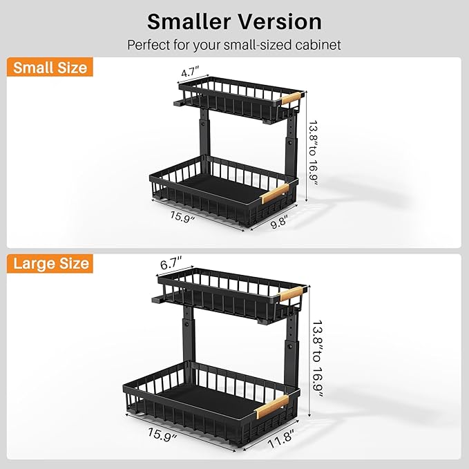 PXRACK Under Sink Organizer, Adjustable Height, 2 Tier Pull Out Under Cabinet Organizer, Slide Out Thickened Metal Under Sink Storage for Kitchen Bathroom Laundry Pantry Cabinet, Black, Small-2-Pack - Image 2