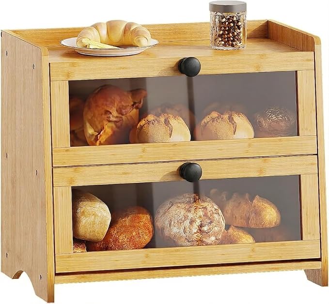 BAMBANG Bread Box for Kitchen Countertop, Extra Large Bamboo Bread Storage Container for Homemade Bread, Double Layer Sourdough Breadox, Bread Bin Organizer for Counter Cabinet Pantry, Natural by BAMBANG