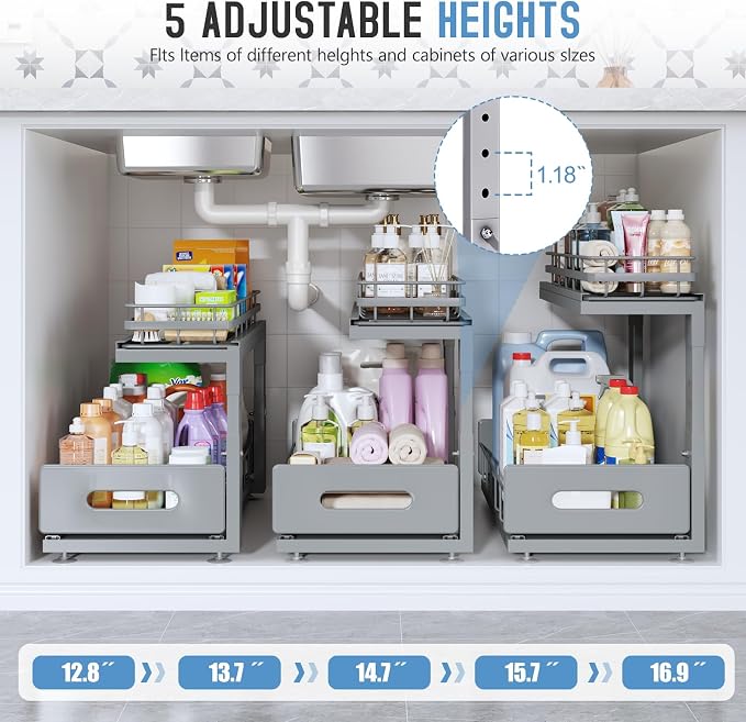 Under Sink Organizer Upgrade To Professional Rails,2-Tier Dual Pull Out Cabinet Storage,Height Adjustable Slide Out Drawers For Bathroom Kitchen,2 Pack-18.5"Dx12.8"-16.9"H,Gun Gray - Image 6