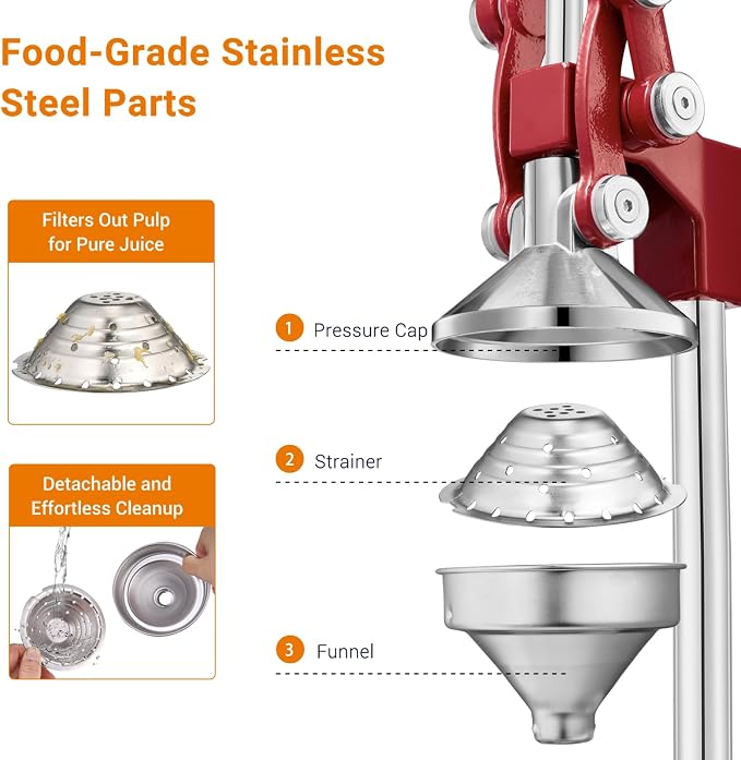 TONGCHANT Cast Iron Manual Juicer for Orange Lemon Lime Pomegranate &Citrus | Heavy Duty Orange Juicer Squeezer, Hand Press Juicer, Citrus Press, Stainless Steel Cup, Easy to Clean, Red - Image 3
