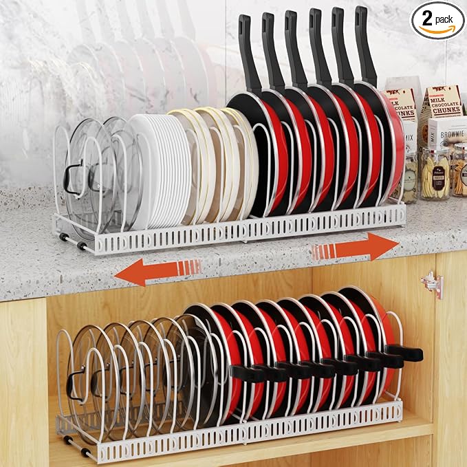 Housolution 2 Pack Pot and Pan Lid Organizer Holder Storage Rack, White | 12"-23" Expandable, 14 Adjustable Dividers, Sturdy Metal Construction, Easy Assembly by Housolution