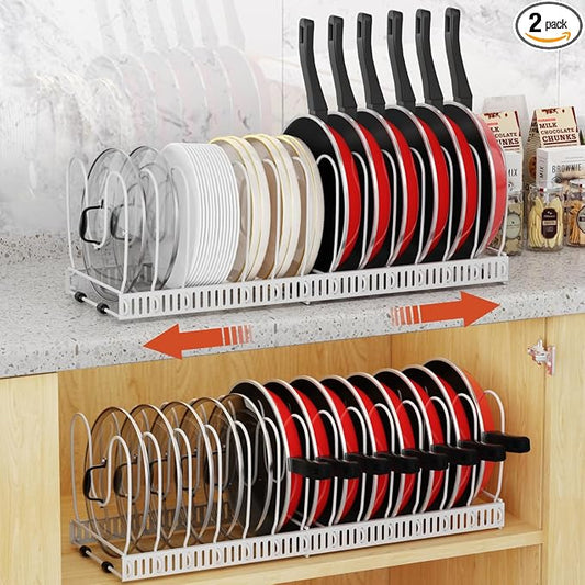 Housolution 2 Pack Pot and Pan Lid Organizer Holder Storage Rack, White | 12"-23" Expandable, 14 Adjustable Dividers, Sturdy Metal Construction, Easy Assembly by Housolution