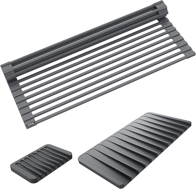 Kraus Roll Up Dish Drying Rack with Self-Draining Silicone Dish Drying Mat and Silicone Soap Dish Holder in Dark Grey, KDM-KRM-10DG by Unknown