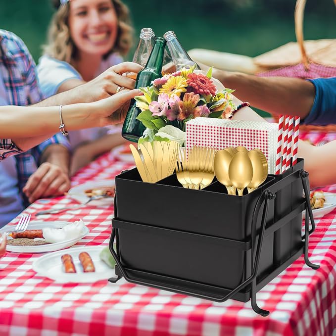 NelyBet Silverware Caddy Utensil Organizer With Handle, Outdoor Picnic and Camping Utensil Holder, Flatware Holder for Party Gatherings, Metal - Black - Image 2