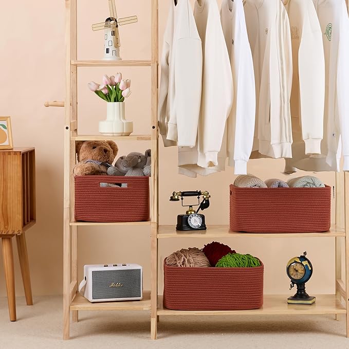 MiniArk Large Storage Baskets for Organizing, 17 x 13 x 7.5” Closet Shelf Baskets for Clothes Blanket Towels, Baby Nursery, Toy Bins Box, Woven Rope Baskets, 4 Packs Oxide Red - Image 3