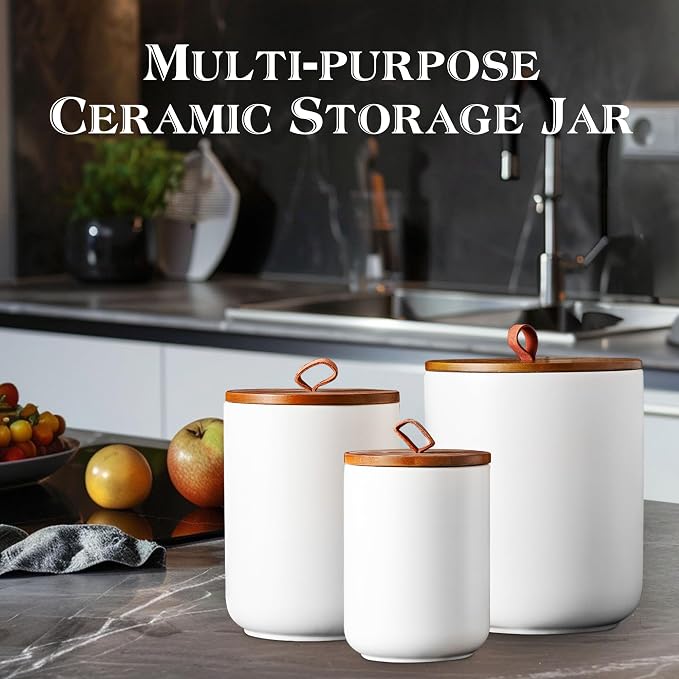 JOJUNO White Ceramic Food Storage Canister Set (30 oz, 48 oz, 82 oz) with Bamboo Lids, 3-Piece Airtight Jars for Flour, Sugar, Coffee, Tea, Oats, Spice – Kitchen Storage Containers with Lids - Image 5