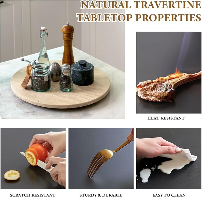 16'' Beige Marble Lazy Susan Travertine Turntable for Kitchen Dinning, Marble Lazy Susans Organizer for Cabinet, Serving Rotation Spinning Tabletop Organizer Swiveling, Spice Rack Storage - Image 5
