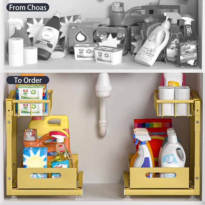 2-Pack L-Shaped Under Sink Organizer, 2-Tier Pull-out Cabinet Rack | Gold Height-Adjustable Steel Rack, Sliding Grid Drawers with PP Liners, Holds 100 Lbs, Suction Base, Ideal Kitchen Storage - Image 2
