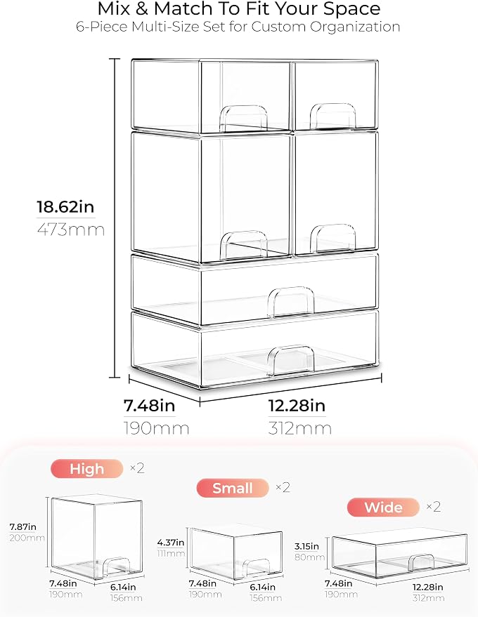 Stackable Storage Drawer Organizers Set of 6 for Bathroom Organizer Storage | Clear Plastic Organizer Bins for Baby Bottle, Kitchen Under Sink, Laundry, Pantry, Beauty, Cabinet, Medicine, Office Supplies - Image 2