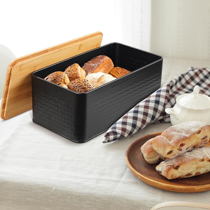 Bread Bin, Metal Bread Box with Bamboo Lid Usable as Cutting Board, Bread Storage Container Holder for Kitchen Countertop, 13 x 7 x 5.3 inch (Black) - Image 5