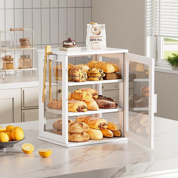 WOWLIVE Bread Box for Kitchen Countertop, 3 Layers Bread Storage Container | Large Bamboo Bread Bin for Homemade Bread with Window, Farmhouse Breadbox Organizer for Kitchen, Cabinet, White, Meduim - Image 8