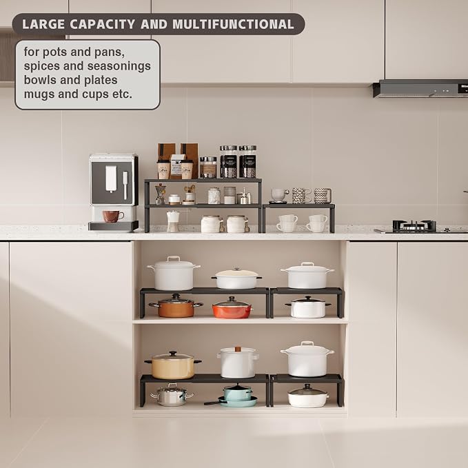 Magheo Expandable Cabinet Shelf Organizer, 2 Pack Stackable Kitchen Counter Shelf Riser, Metal Spice Rack Heavy Duty Countertop Organizer Storage for Kitchen, Pantry, Cupboard, Rv (5.9in Height,Black) - Image 5