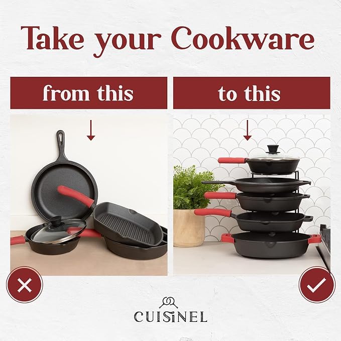 Cuisinel Pan Organizer for Cast Iron Skillets, Griddles, 5-Tier Rack, Black 12.2" - Image 3
