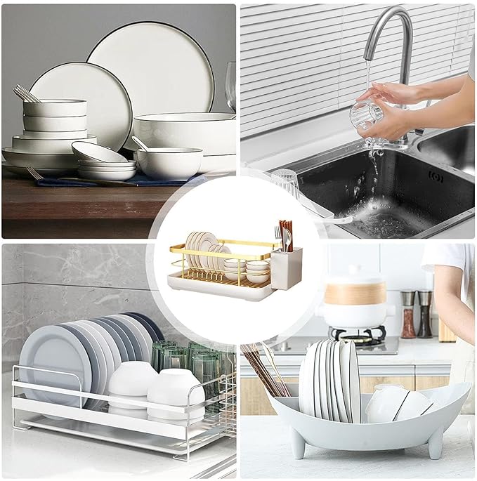 Dish Drying Rack for Kitchen Counter,Large Capacity Dish Drying Rack,Carbons Steel Dishes Drainer with Utensil Holder,Multifunctional Kitchen Utensil Holder with Dishes Racks and Tray (Gold) - Image 2