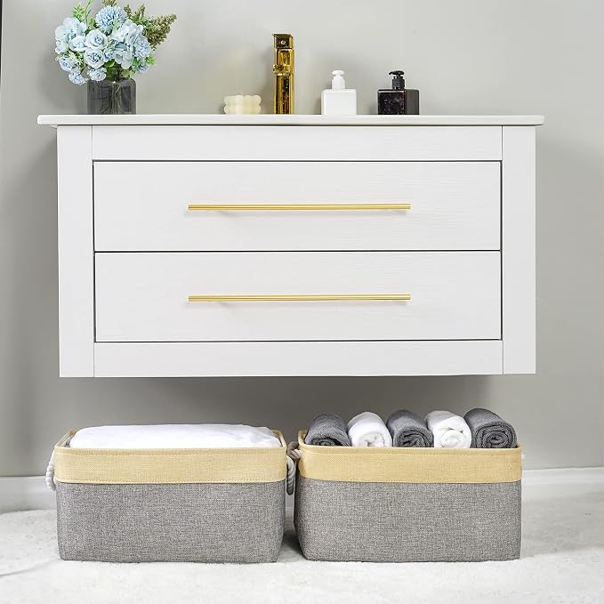 Storage Basket - 15.7L×11.8W×8.3H 1 Pack Large Baskets for Organizing Shelves, Storage Bins for Clothes Book Shelf Home Fabric Storage Cubes (Gold and Grey) - Image 3