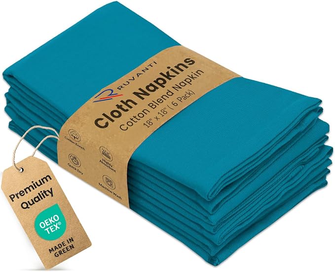 Ruvanti Cloth Napkins Set of 6, 18x18 Inches Napkins Cloth Washable, Soft, Durable, Absorbent, Cotton Blend. Table Dinner Napkins Cloth for Hotel, Lunch, Restaurant, Wedding Parties - Teal by Ruvanti