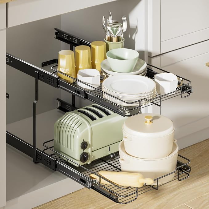 Delamu Pull Out Cabinet Organizer 2-Tier 14" W x 21" D Heavy Duty Chrome-Plated Slide Out Drawers, Kitchen Drawer Organizer Pull Out Shelves for Pots & Pans, Home Pantry Cans & Spices, Black - Image 6