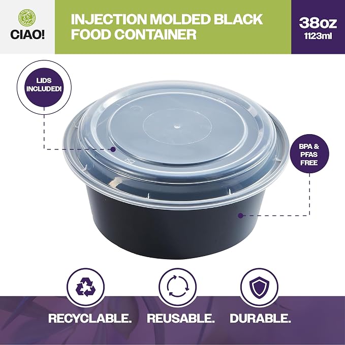 CIAO! Heavy Weight 38oz Injection Molded Microwavable Black Round Food Container with Lid (150/case) - Image 2