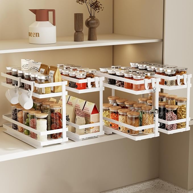 Magheo Pull Out Spice Rack Organizer for Cabinet, 4 Pack Metal Seasoning Organizer Slide Out Spice Storage Shelf No Assembly Vertical Spice Rack Pullout for Kitchen & Bahthroom No Drill(2 Tier,White) by MAGHEO