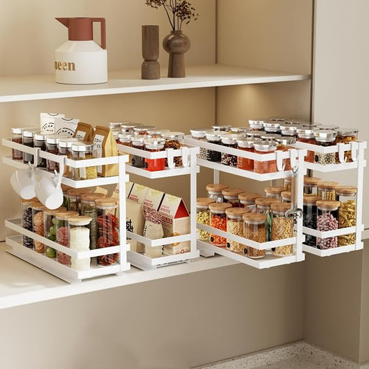 Magheo Pull Out Spice Rack Organizer for Cabinet, 4 Pack Metal Seasoning Organizer Slide Out Spice Storage Shelf No Assembly Vertical Spice Rack Pullout for Kitchen & Bahthroom No Drill(2 Tier,White) by MAGHEO