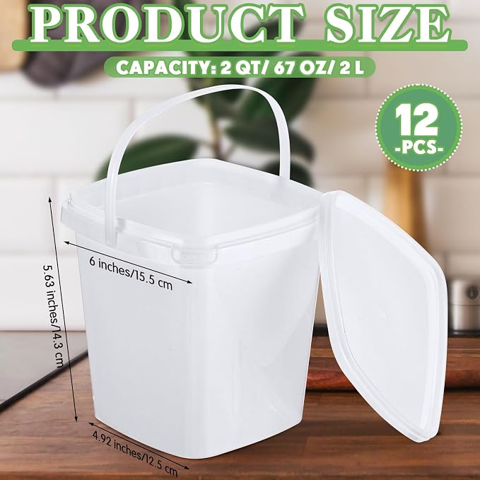 12 Pcs 2 Qt/ 67 Oz/ 2 L Plastic Food Containers, 0.5 Gallon Ice Cream Buckets with Lids and Handle Reusable Square Deli Containers Freezer and Microwave Safe for Kitchen Food Drinks Storage - Image 2