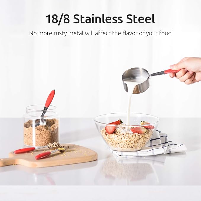 U-Taste 18/8 Stainless Steel Measuring Cups and Spoons Set and 600ºF High Heat-Resistant Kitchen Tong Set (Red) - Image 4