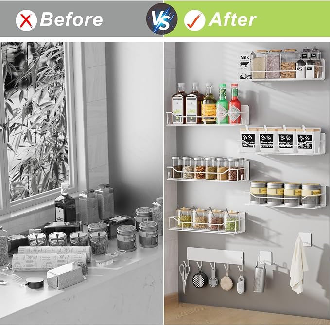 Magnetic Spice Rack for Refrigerator, 9 Pack Magnetic Fridge Shelves W/Adjustable Paper Towel Holder, Hook Rack, Moveable Spice Organizer Shelf for Kitchen Organization and Storage (White) - Image 5