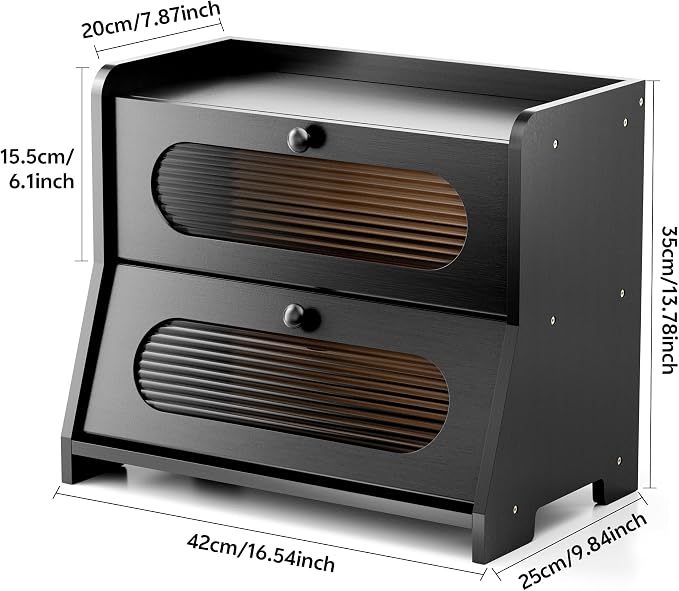 Bread Box,Extra Large 2-Tier Bamboo Bread Box for Kitchen Countertop,Bread Storage Container with Magnetic Acrylic Door for Homemade Bread,Under Cabinet,Pantry Organizer(Black) - Image 3