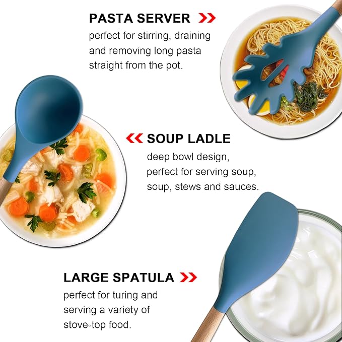 Silicone Cooking Utensils Set 6Pcs Heat Resistant Silicone Kitchen Utensils Set for Cooking Spatula Spoon Turner Ladle w Wooden Handle, BPA FREE Kitchen Gadgets for Nonstick Cookware & Baking - Image 4