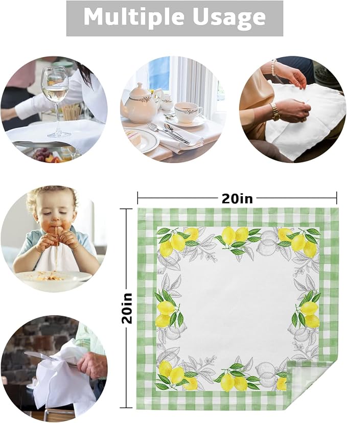 Summer Green Leaves Yellow Lemon Cloth Linen Dinner Napkins 8 Packs,Reusable Table Cocktail Napkins for Wedding,Shower,Party,Lunch,Event Dining Table Setting Decoration,Country Green White Lattice - Image 5