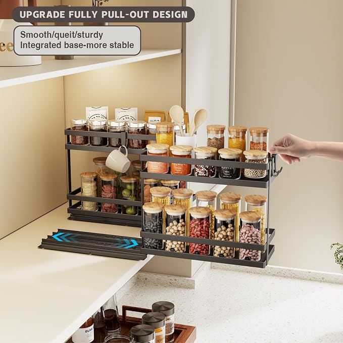 Magheo Pull Out Spice Rack Organizer for Cabinet, 1 Pack Metal Seasoning Organizer Slide Out Spice Storage Shelf No Assembly Vertical Spice Rack Pullout for Kitchen & Bahthroom No Drill(2 Tier,Black) - Image 2