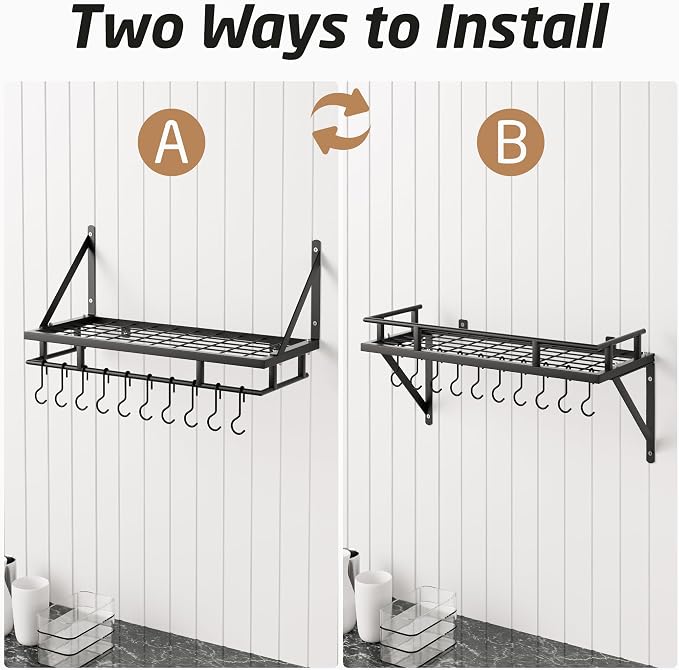 KES 24 Inch Kitchen Pot Pan Rack Wall Mounted, 10 Hooks, Matte Black | 88lbs Load Capacity, Heavy Duty, Cast Iron Pots and Pans Organizer, Hanging Storage, Wall Shelf, Space Saving, KUR215S60-BK - Image 7