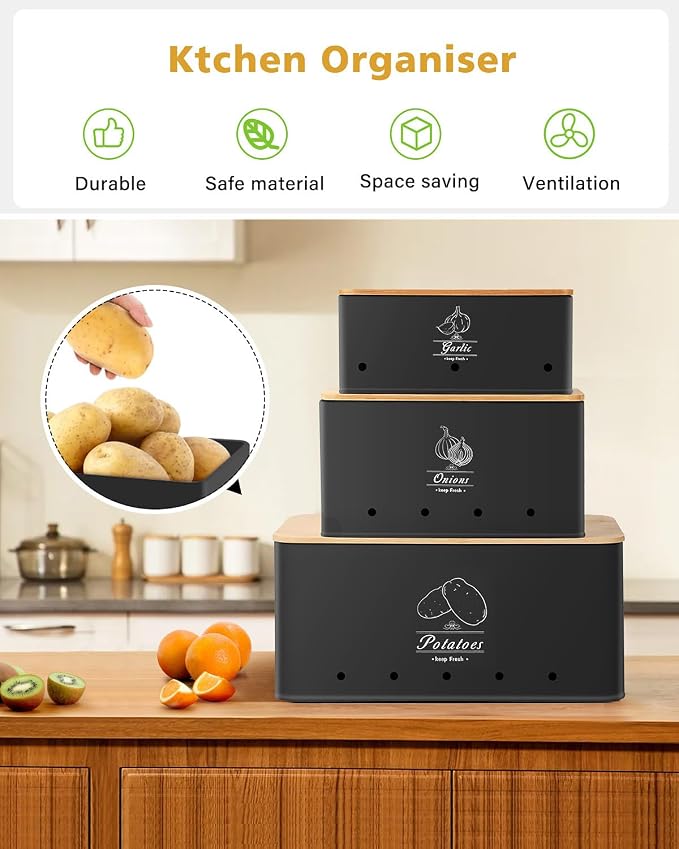 Kitchen Vegetable Storage Set of 3, Sturdy and Durable Storage Basket for Potato, Onion, Garlic, Fruit,Aerating Holes and Wooden Lid (black) - Image 2