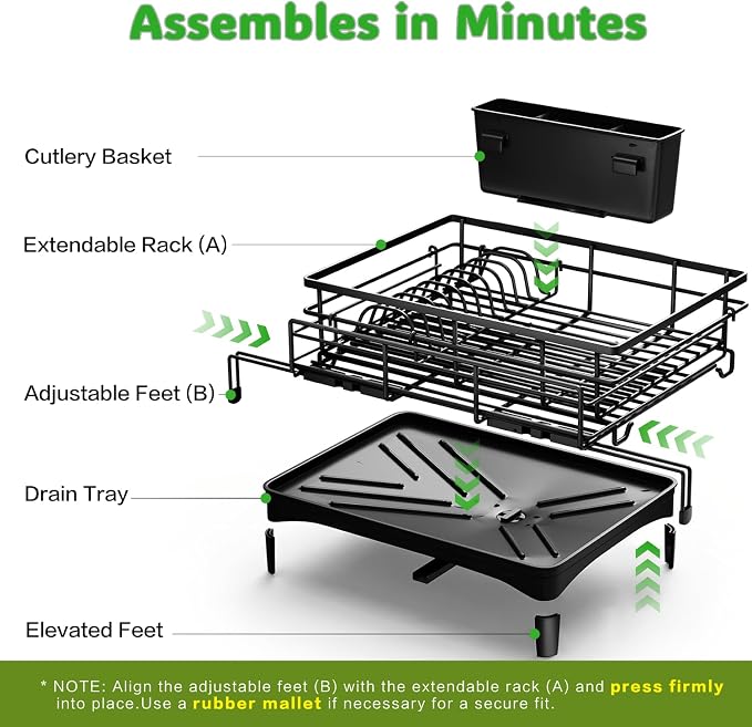 Expandable Over Sink Dish Drying Rack (12.6"-20.5"), Rustproof Metal Dish Drainer with Auto-Draining Tray & Utensil Holder, Large Capacity Sink Organizer for Kitchen Counter, Fits Most Sinks - Black - Image 8