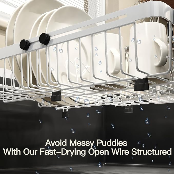 White Dish Drying Rack Over The Sink with Utensil Holder | Expandable Stainless Steel Dish Drainer for Small Kitchen, Apartment, RV, Counter Space Saving, Perfect Fit, Rustproof - Image 3