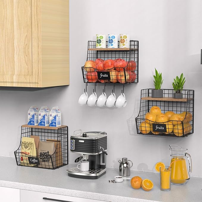 3 Pack wire Fruit Basket for Kitchen with Wood Lid - Counter&Wall Mounted Onion and Potato Storage with Nameplate, Hanging Baskets for Vegetable,11.81 * 10.63 * 8.66 Inch - Image 8