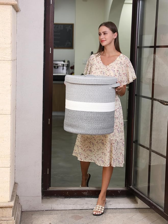 16" x 16" x 18" Extra Large Storage Basket with Lid, Cotton Rope Storage Baskets, Laundry Hamper, Cloth Bin, for Clothes Towels Blankets Pillows Storage in Living Room, Dual Grey with Lid - Image 4