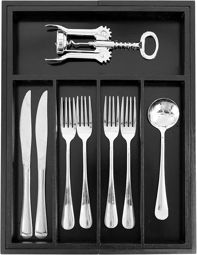 VaeFae Bamboo Drawer Organizer, Medium, Black | Wooden Utensil Holder for Forks Knives, 38 cm D x 29.2-45.7 cm W, 5-7 Slots, Black - Image 2
