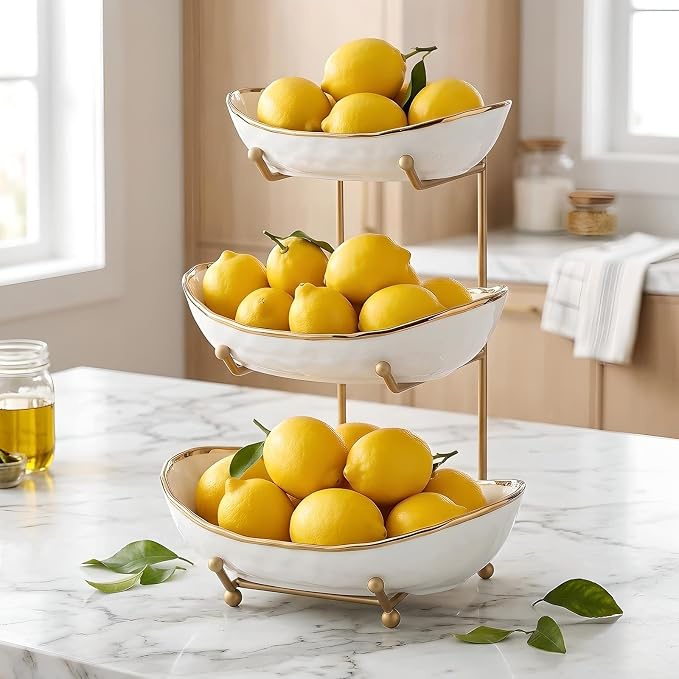 YYW 3 Tier Fruit Bowl for Kitchen Counter, White Ceramic Fruit Basket for Countertop, Home Fruit Stand with Metal Holder, Vegetable Bowl Snacks Nuts Bread Candy Storage (Gold 3-layer) - Image 4