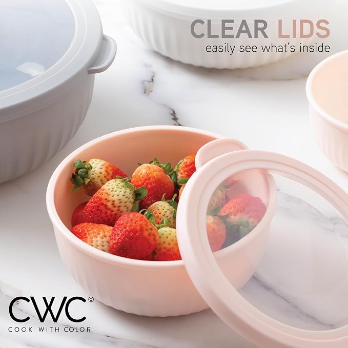 COOK WITH COLOR Prep Bowls with Lids- Wide and Deep Nesting Plastic Small Mixing Bowl Set with Lids, 8 Piece Set - Wide Bowls, Grey/Pink - Image 3
